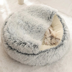 Cat Bed Round Plush Fluffy Hooded Cave