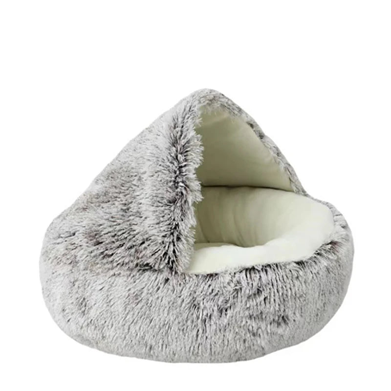 Cat Bed Round Plush Fluffy Hooded Cave
