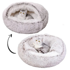 Snooze Cat Bed Round Plush Fluffy Hooded