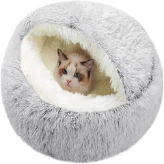 Cat Bed Round Plush Fluffy Hooded Cave,Cozy