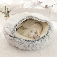 Cat Bed Round Plush Fluffy Hooded Cave