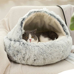 Cat Bed Round Plush Fluffy Hooded Cave